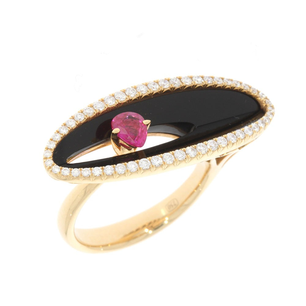 18K Rose Gold Pear Shape Ruby, and Black Onyx Concave Elongated East West Oval Ring