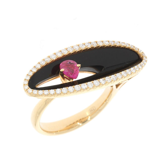 18K Rose Gold Pear Shape Ruby, and Black Onyx Concave Elongated East West Oval Ring