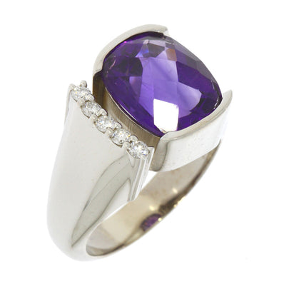 14 Karat White Gold Ring with Cushion Checkerboard Amethyst In Partial Bezel And Prong Set Diamond Accents