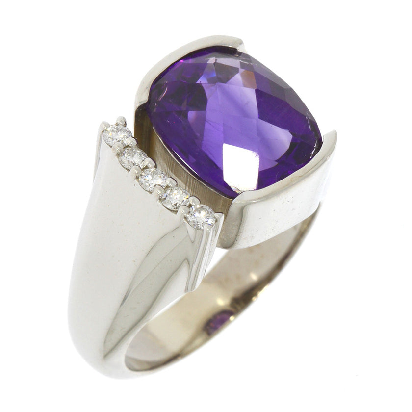 14 Karat White Gold Ring with Cushion Checkerboard Amethyst In Partial Bezel And Prong Set Diamond Accents