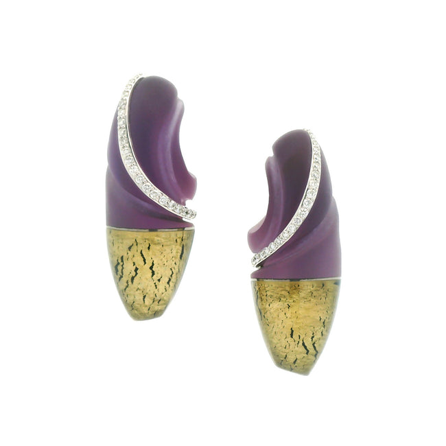14 Karat White Gold And Diamond Earrings With Steve Walters Carved Assemble Gemstones Of Sandblasted Carved Amethyst