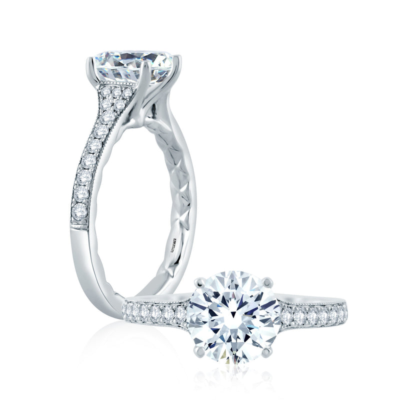 18K White Gold Diamond Solitaire Engagement Ring With Diamond Accents For 2ct Center Gemstone