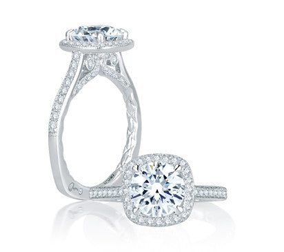 18K White Gold Cushion Halo Engagement Ring For 1.50ct Center Gemstone