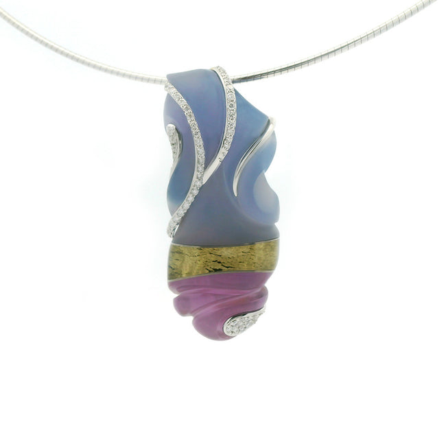 14 Karat White Gold Pendant With Round Diamond Accents And Wires Surrounding a 18K Gold Leaf, Amethyst, and Chalcedony