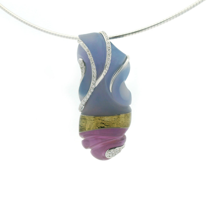 14 Karat White Gold Pendant With Round Diamond Accents And Wires Surrounding a 18K Gold Leaf, Amethyst, and Chalcedony