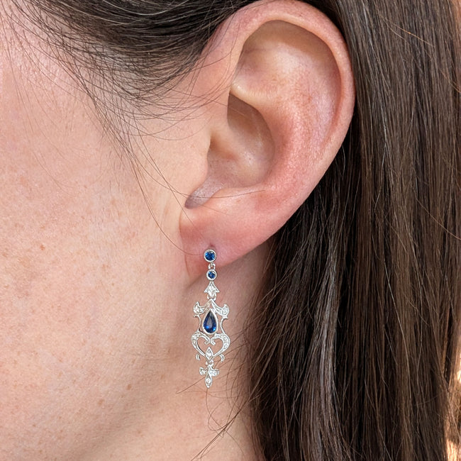 14K White Gold Art Deco Style Dangle Earrings, with Bezel Set Blue Sapphires, and Prong Set Round Diamond Accents