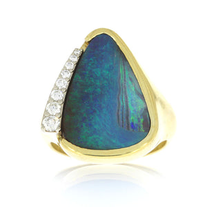 18 Karat Yellow Gold and Triangle Boulder Opal and Round Brilliant Cut Diamonds Woman's Ring