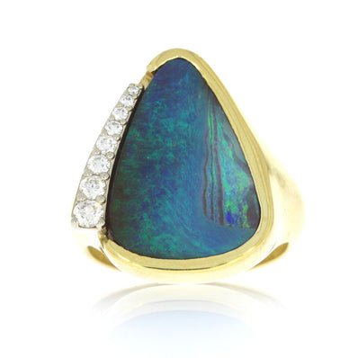 18 Karat Yellow Gold and Triangle Boulder Opal and Round Brilliant Cut Diamonds Woman's Ring