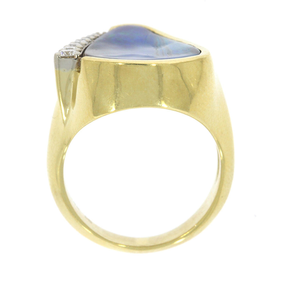 18 Karat Yellow Gold and Triangle Boulder Opal and Round Brilliant Cut Diamonds Woman's Ring