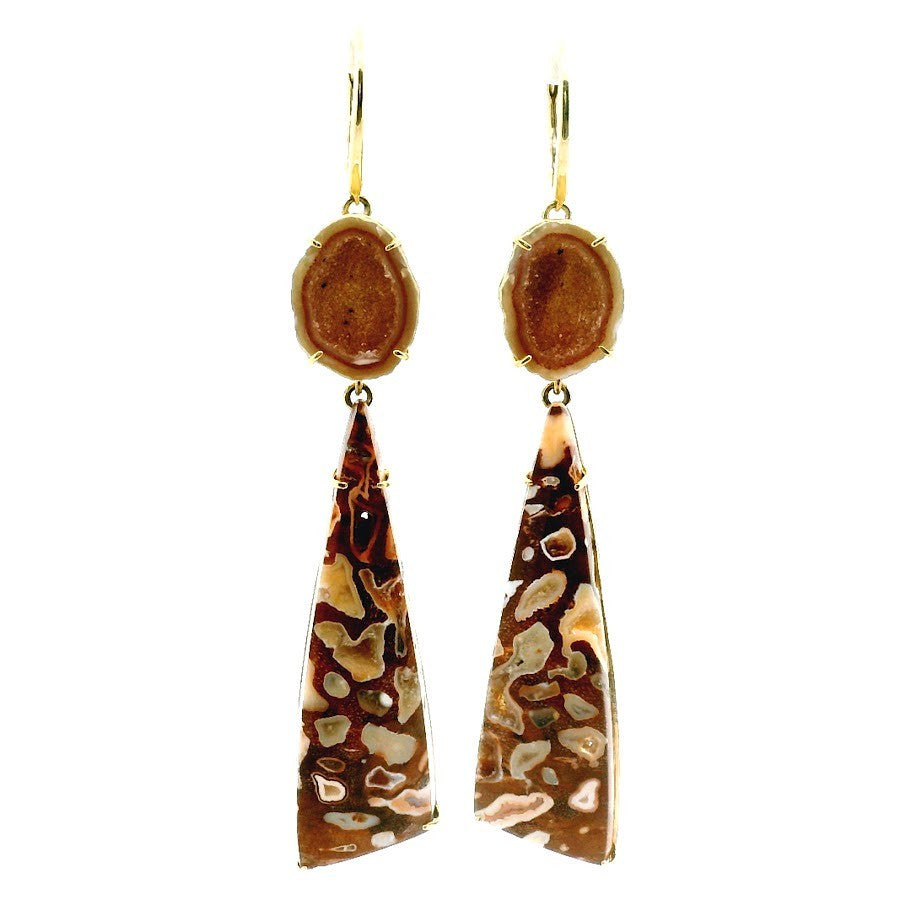 14K Yellow Gold Geode and Petrified Wood Dangle Earrings, with Leverback Closures