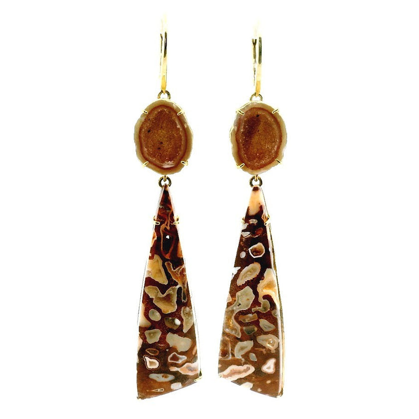 14K Yellow Gold Geode and Petrified Wood Dangle Earrings, with Leverback Closures