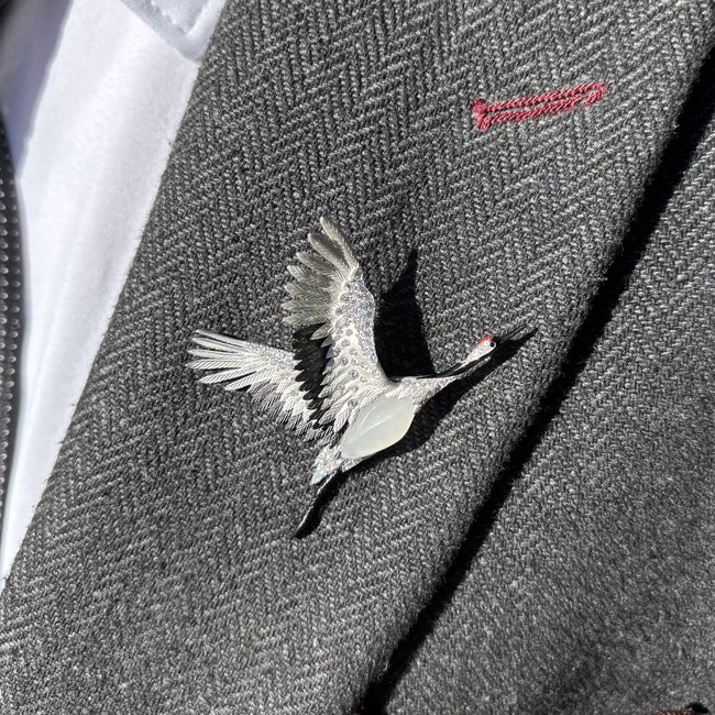 18K White Gold Black Diamond, Diamond and Jade Goose Brooch, with Black Enamel Accented Feathers